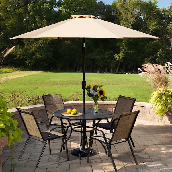 Sour Citrus 7-Pieces Outdoor Patio Dining Set: Stackable Textilene Chairs, Patio Table, Patio Umbrella and Umbrella Base