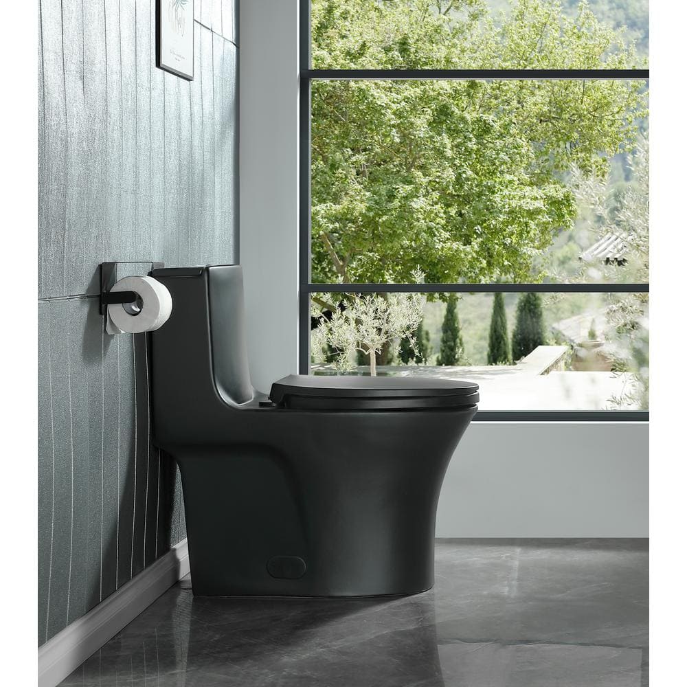 Matte Black Ceramic Dual-Flush Elongated One-Piece Toilet