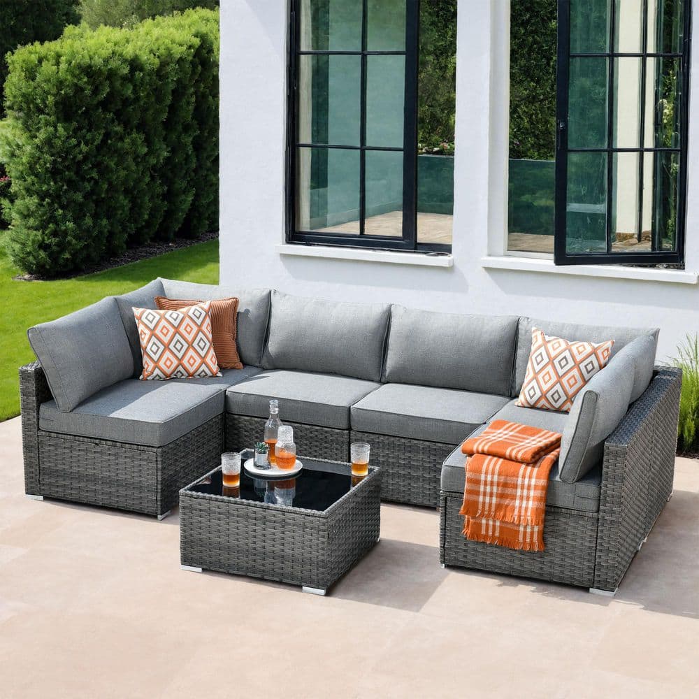 XIZZI Aero 7-Piece Wicker Outdoor Sectional Set with Dark Gray