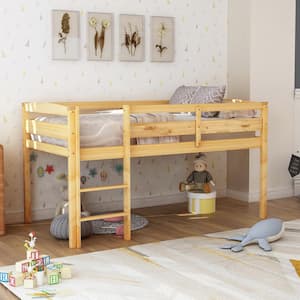 Walnut Twin Size Wood Low Loft Bed with Ladder