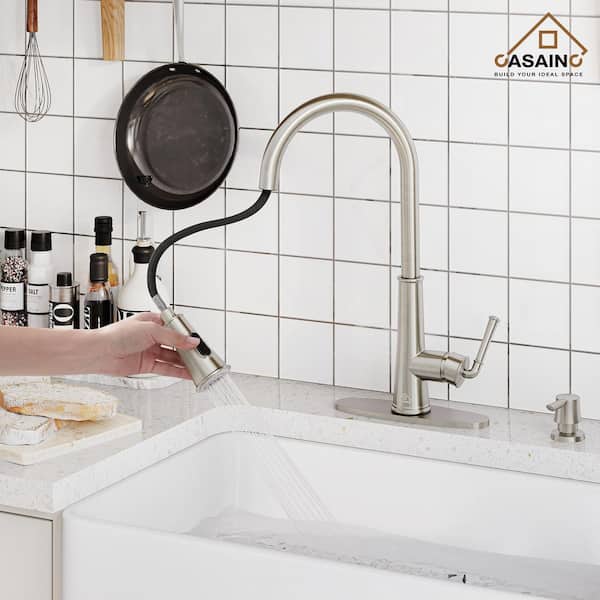 17.31 in. 360 Degree Spout Swivel Single Handle Pull Down Sprayer Kitchen Faucet with Soap Dispenser in Brushed Nickel