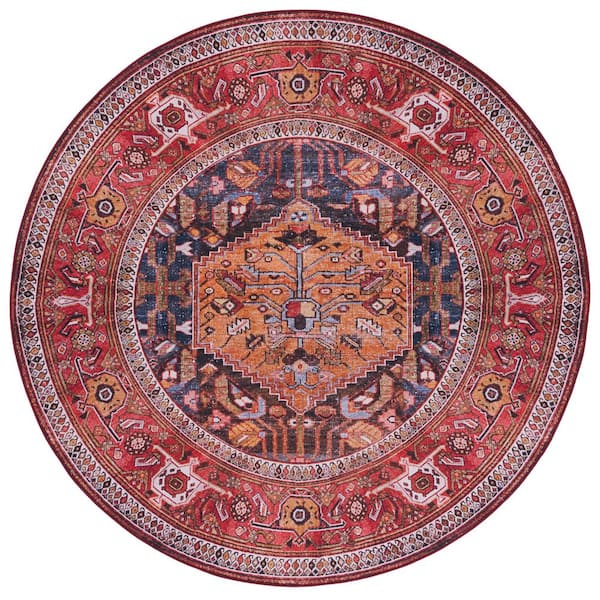 SAFAVIEH Tucson Navy/Rust 6 ft. x 6 ft. Machine Washable Border Floral Medallion Round Area Rug