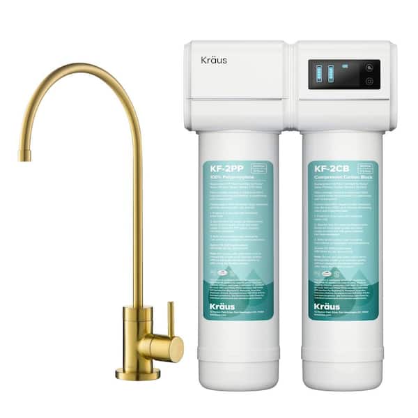 KRAUS Purita 2-Stage Under-Sink Filtration System with Single Handle Drinking Water Filter Faucet in Brushed Brass