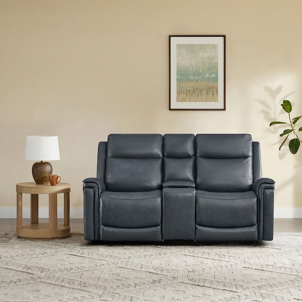 Grace 73.6 in. Straight Arm 3-Piece Super Zero Gravity Leather Reclining Sofa in Navy with Dual Motors, Console