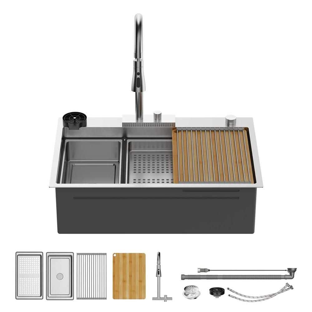 33 x 22 in. Drop-In Waterfall Kitchen Sink Laundry/Utility Sink in Silver with Left Drain and Faucet price history on PriceWatchPro