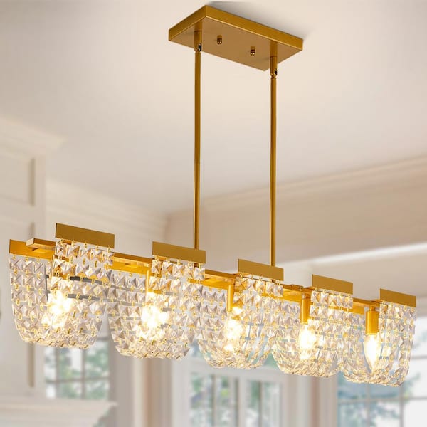 Magic Home 5-Light Gold Rectangle Luxury Linear Chandelier with K9 Crystals