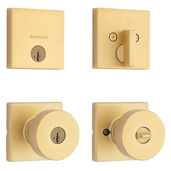 Pismo Satin Brass Keyed Entry 2.85 in. Square Rose Round Door Knob and Deadbolt Combo Pack Featuring SmartKey Security