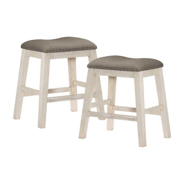 EVERGLADE HOME Lowell 24.5 in. Antique White Backless Wood Frame Bar Stool with Fabric Seat (Set of 2)