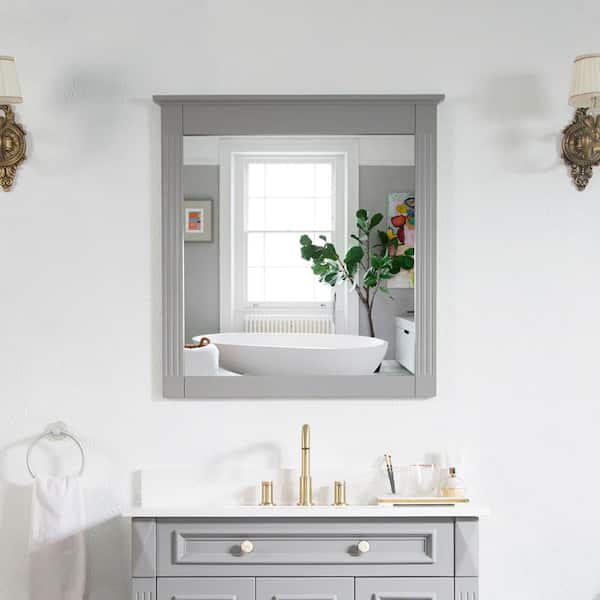 ANGELES HOME 32 in. W x 33 in. H Rectangular Solid Wood Framed Wall Mounted Moisture-proof Bathroom Vanity Mirror in Gray,Easy Hang
