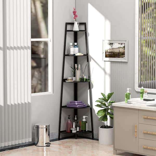FUNKOL 16.93 in. W x 16.93 in. D x 69.69 in. H 5-Tier Black Open Corner Bookcase Bamboo Bookshelf