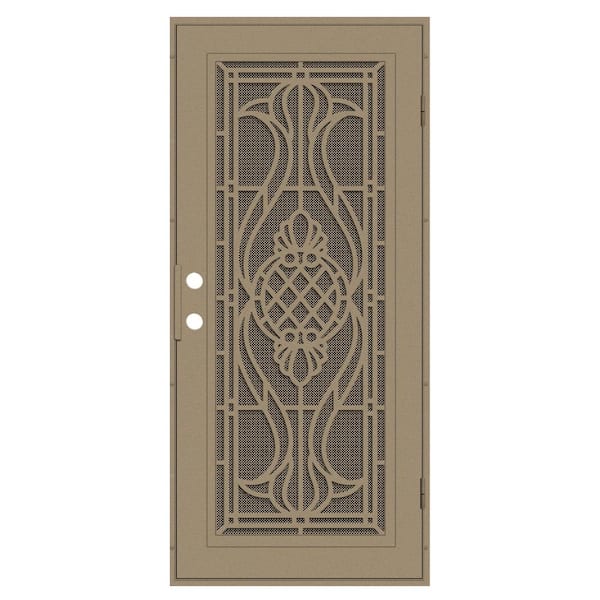 Unique Home Designs Manchester 30 in. x 80 in. Left Hand/Outswing Desert Sand Aluminum Security Door with Bronze Perforated Metal Screen