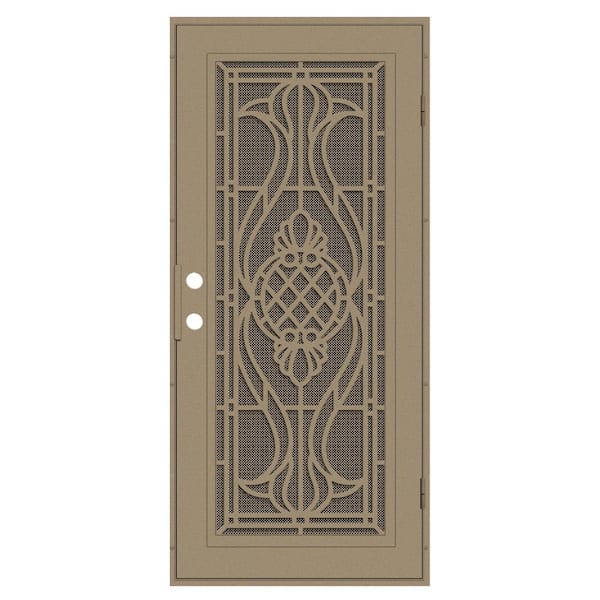 Unique Home Designs Manchester 32 in. x 80 in. Left Hand/Outswing Desert Sand Aluminum Security Door with Bronze Perforated Metal Screen