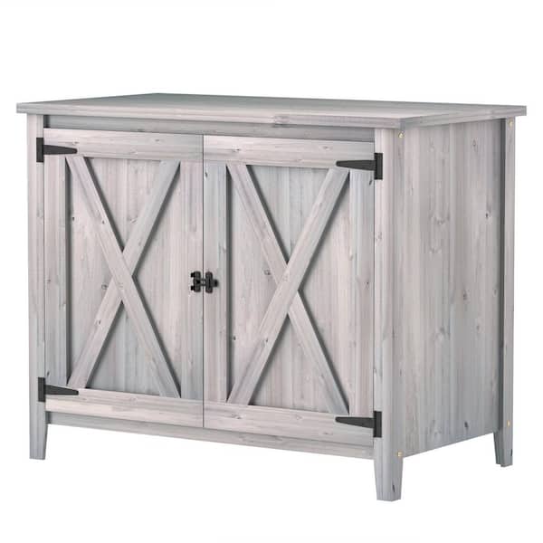 Outsunny 43.3 in. x 23.6 in. x 34.8 in. Wood Garden Shed, Outdoor Storage Cabinet with Inner Shelf and Double Doors Light Gray