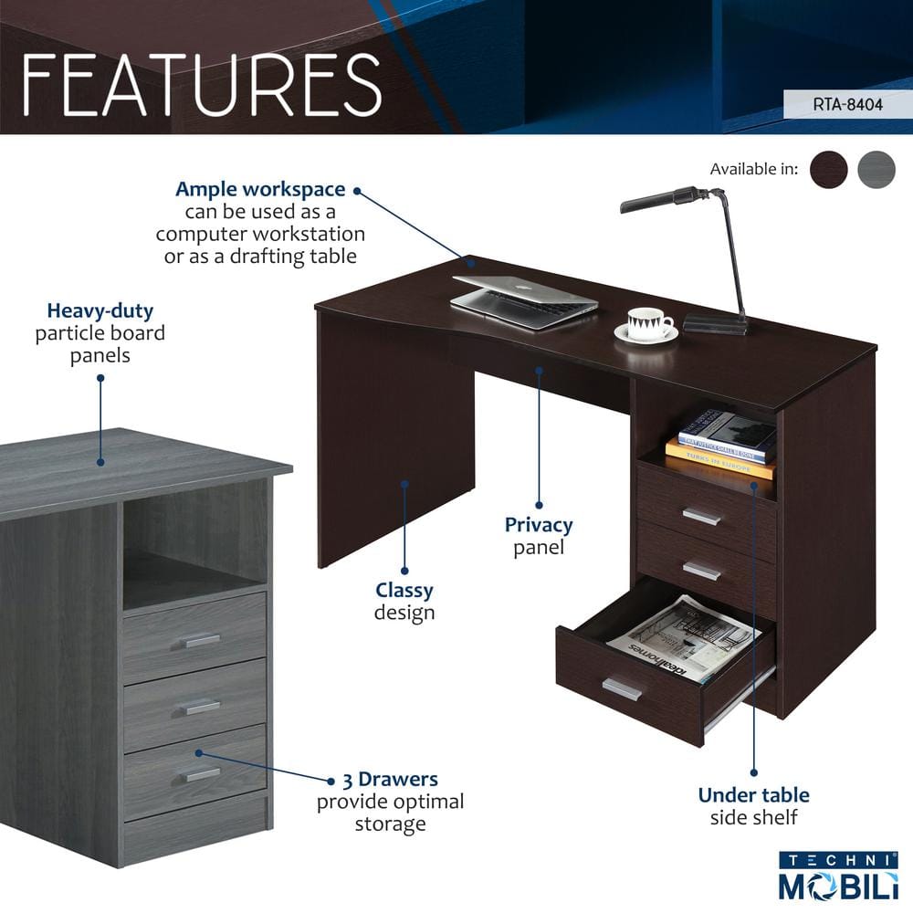 Elegant Gray Wood Computer Desk with Storage Drawers