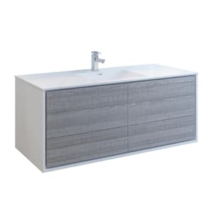 Catania 60 in. Modern Wall Hung Bath Vanity in Glossy Ash Gray with Vanity Top in White with White Basin