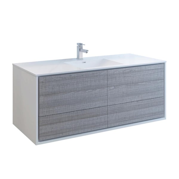 Fresca Catania 60 in. Modern Wall Hung Bath Vanity in Glossy Ash Gray with Vanity Top in White with White Basin