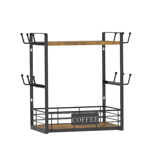 2 Tier 12-Hook Vintage Brown Black Mug Tree Rack Coffee Station Organizer Countertop Display Shelf with Hooks