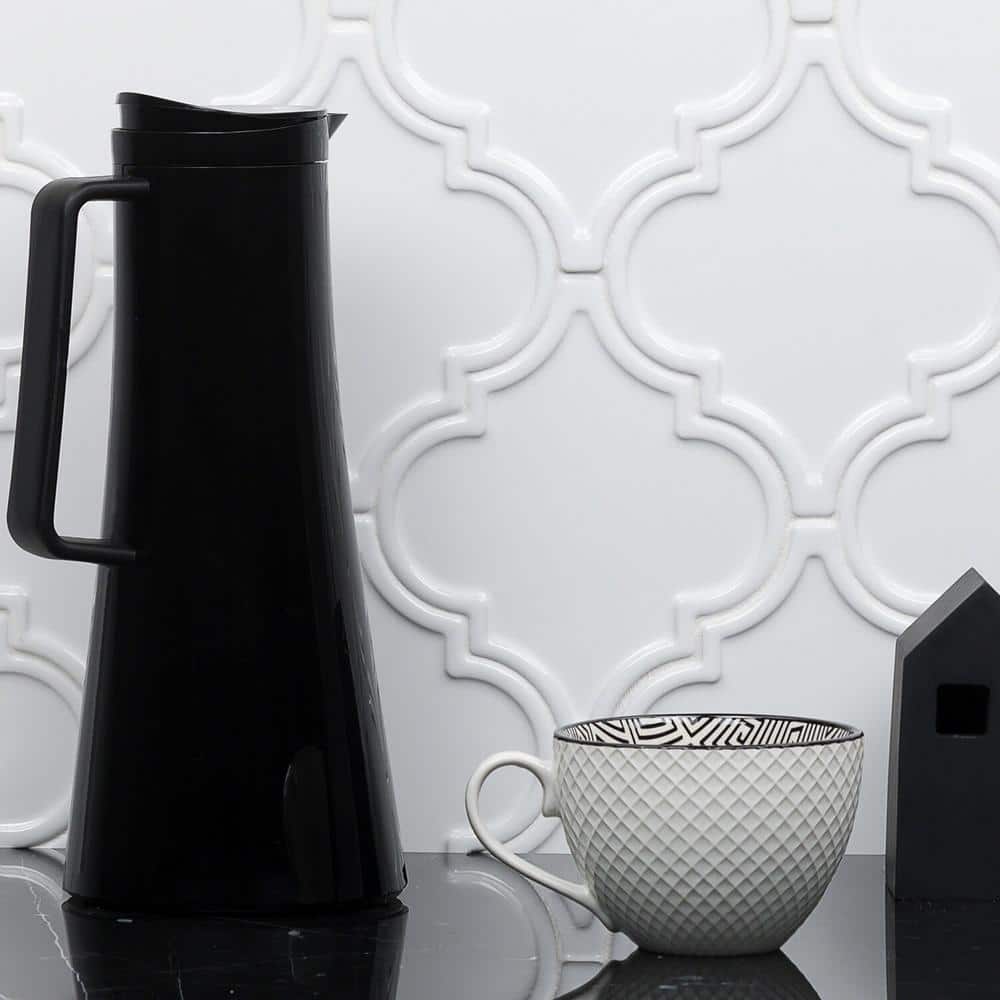 Labyrinth Pure White Polished Ceramic Arabesque Tile
