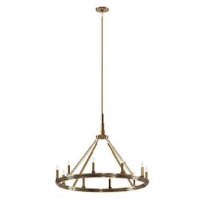 Emmala 34 in. 10-Light Brushed Natural Brass with Black Art Deco Wagon Wheel Circle Chandelier for Dining Room