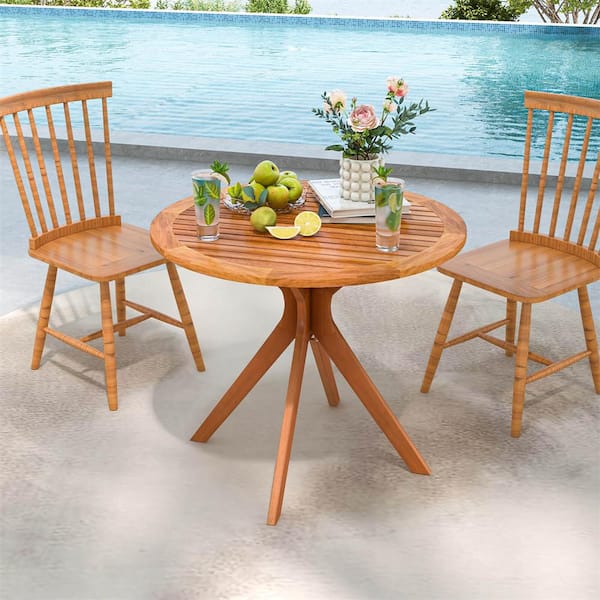 Wood Round 35.5 in. Outdoor Dining Table with Slatted Tabletop & Curved Legs for Backyard