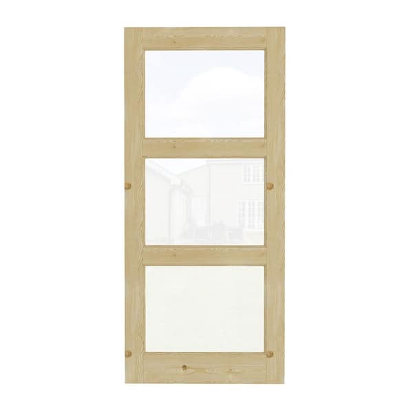 36 in. x 80 in. Modern Universal/Reversible 3-Lite Tempered Clear Glass Unfinished Pine Wood Front Door Slab