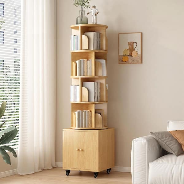 Wyclif Rotating 69.68 in. Tall Natural MDF 5-Shelf Corner Bookcase with Cabinet and Lockable Wheels