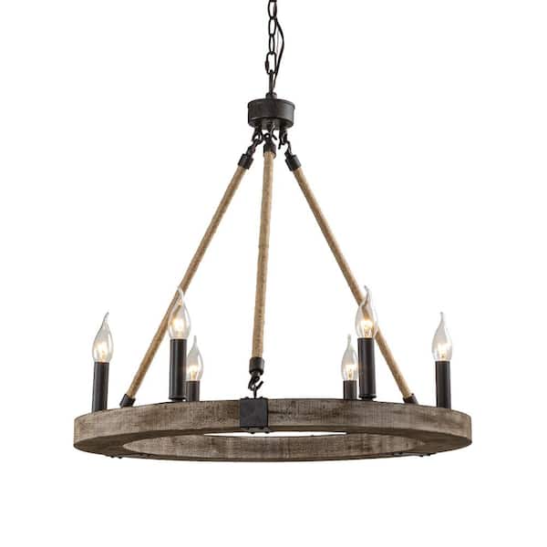 Parrot Uncle Farmhouse 6-Light Distressed Black Rustic Wagon Wheel Circle Island Chandelier with Rope Accents