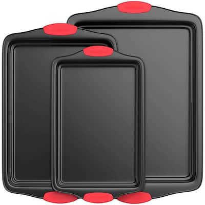 Deluxe Non-Stick 3-Piece Carbon Steel Design with Red Silicone Handles Oven Bakeware Set