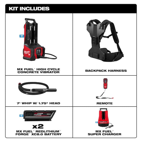 MX FUEL Backpack High Cycle Concrete Vibrator Kit w (2) FORGE XC8.0 Batteries, (1) MX FUEL Super Charger, (1) 7 Ft. Whip