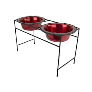 Modern Double Diner Feeder with Stainless Steel Cat/Dog Bowls, Candy Apple Red