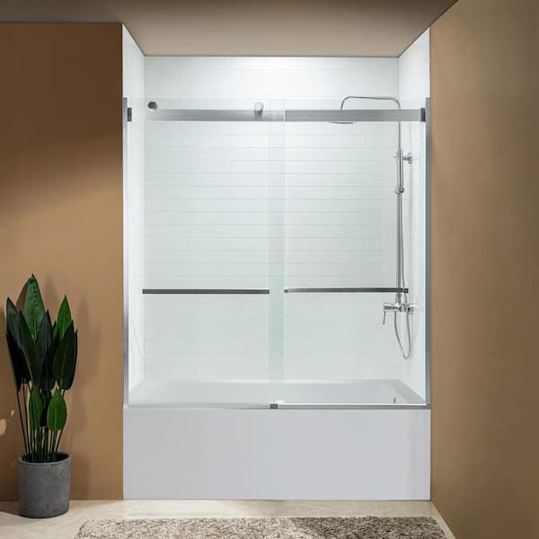 WOODBRIDGE 60 in. W x 62 in. H Double Sliding Frameless Tub Door in Chrome Finish with Shatter Retention Clear Glass