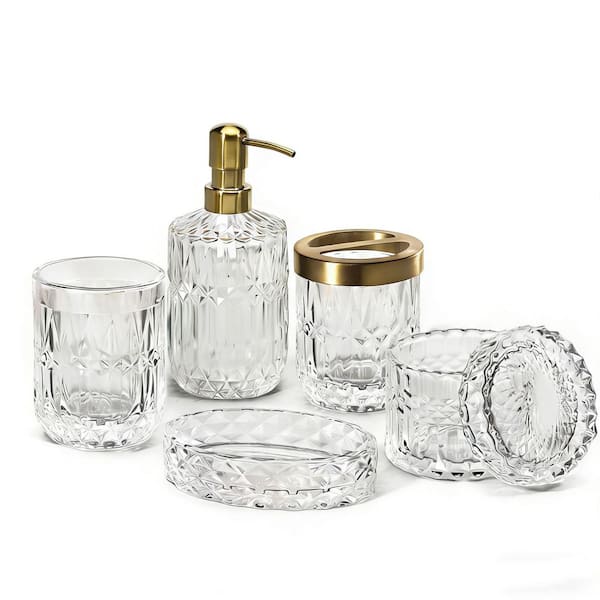 6-Piece Clear Glass Bathroom Accessory Set in Clear, Contemporary Modern Decor Crystal Vintage Gift