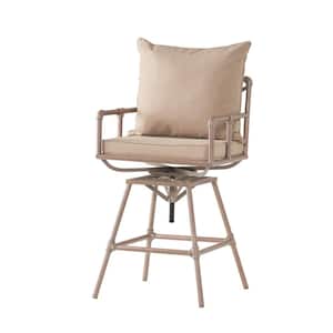 40 in. Metal Beige Outdoor Bar Stools Fade Resistant Outdoor Patio Height Adjustable Barstool with Cushions