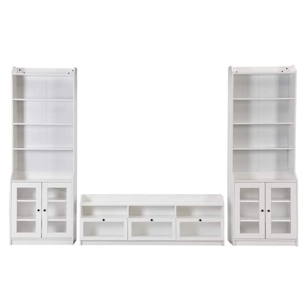 Polibi White TV Stand, TV Stand Set Fits TV's up to 65 in. with Tall Cabinets and Acrylic Board Door