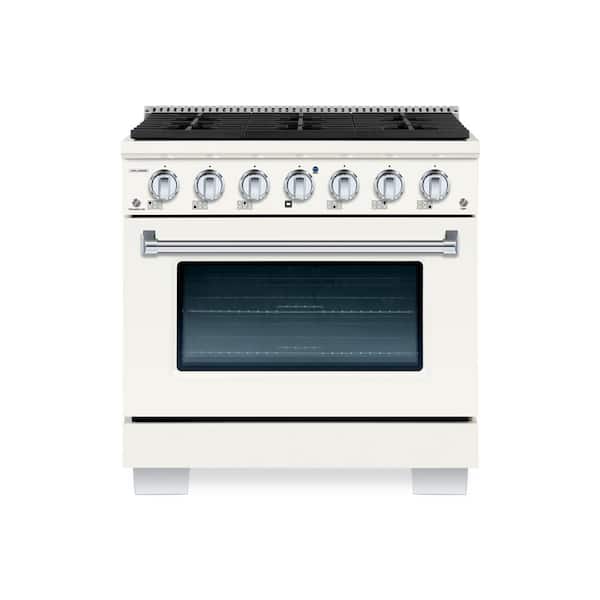 Hallman BOLD 36" 5.2CuFt. 6 Burner Freestanding Single Oven Dual Fuel Range with Gas Stove and Electric Oven in Off-White Family