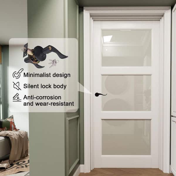 36 in. x 80 in. 3-Lite Frosted Glass Right White Solid Core Wood Single Interior Door Kit with Quick Assemble Jamb