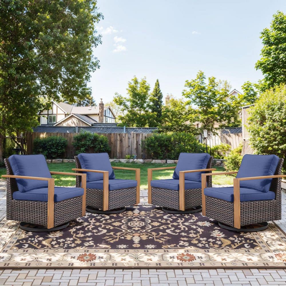 Metal Wood Brown Wicker Outdoor Rocking Chair Patio Swivel Gliders with Navy Blue Box-Edge Cushions (4-Pack) price history on PriceWatchPro