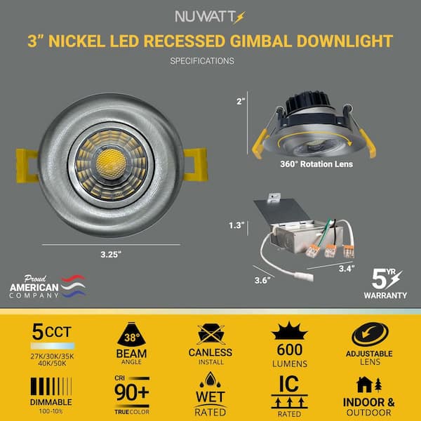 3 in. LED Brushed Nickel Eyeball Gimbal Canless Integrated LED Recessed Light Kit Dimmable 5 CCT 2700K to 5000K (4-Pack)