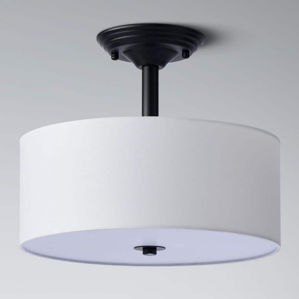 Cassie Contemporary Matte Black Drum Ceiling Light with White Shade