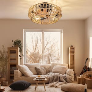 Boho Style Flush Mount 19 in. Indoor Black Low Profile Caged Ceiling Fan with Remote and 7 Wood Grain Color Fan Blades