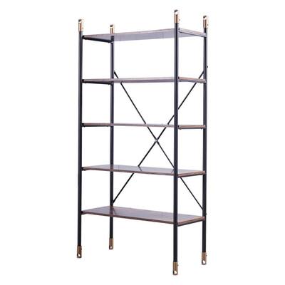 New-Style 64 in. H Brown Wood 5-Shelf Standard Bookcase with Open Back Ladder Bookcase with Slat Metal Frame
