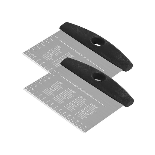 Stainless Steel Dough Scraper with Laser-Engraved Measuring Scale, Conversion Chart, Anti-Slip Handle, 2-Pack, Black
