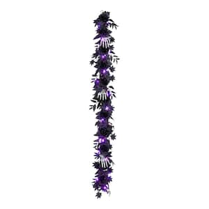 6 ft. Black and Purple Bad to the Bone Halloween Garland with LED Lights