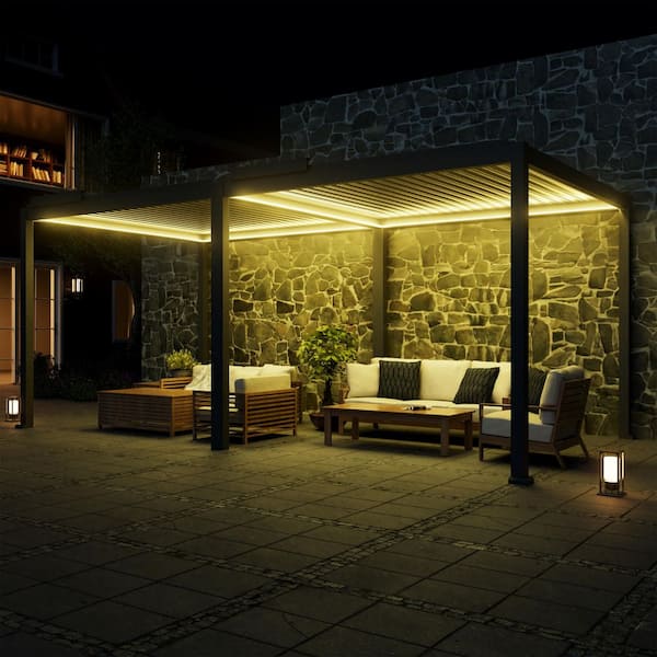 10 ft. x 20 ft. Gray Aluminum Louvered Pergola with Motorized Roof and Integrated LED Lights