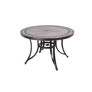 46 in. Round Stone Top Dining Table Outdoor Bistro Table with Umbrella Hole and Heavy-Duty Aluminum Construction