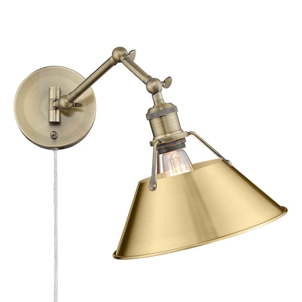 Golden Lighting Orwell 10 in. 1-Light Aged Brass and Brushed Champagne Bronze Plug-In or Hardwired Swing Arm for Bedroom and Foyer