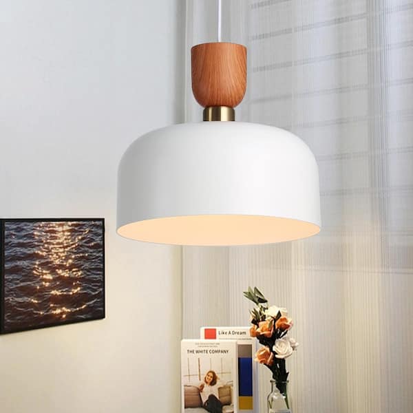11.8 in. 1-Light Dome Pendant Light with White Metal Shade, Industrial Adjustable Height Wood Chandelier