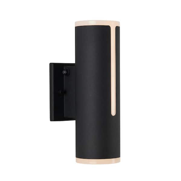 Linea Black Modern Dusk to Dawn Integrated LED Outdoor Hardwired Garage and Porch-Light Cylinder Sconce