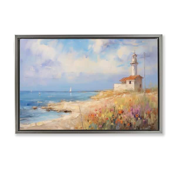 Stupell Industries Vintage Lighthouse View by LSR Design Studio Gray Floater Frame Nature Graphic Art Print 21 in. x 31 in.