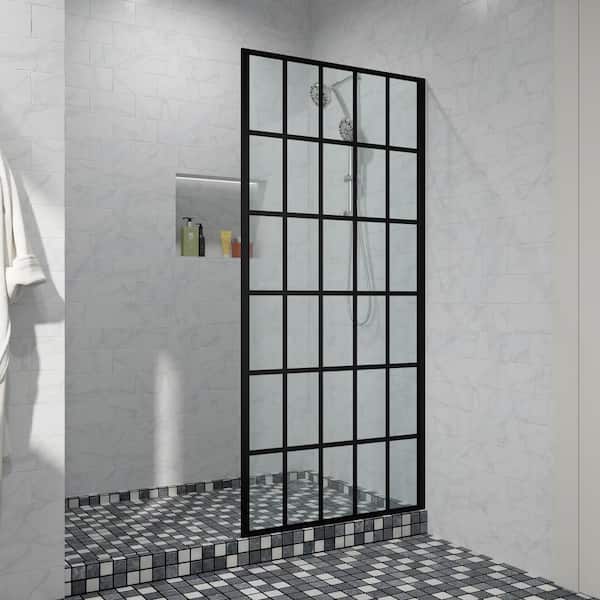 Logmey 38 in. W x 72 in. H Single Panel Fixed Frameless Shower Door Open Entry Design in Matte Black with Pattern Glass